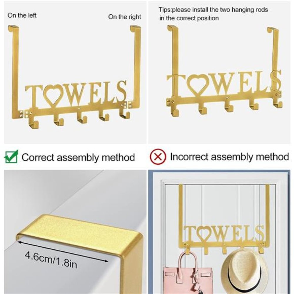Over The Door Towel Rack Metal Bath Towel Holder Hanger Bathroom Bedroom Gold - Picture 4 of 6